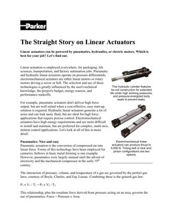 The Straight Story on Linear Actuators 
 
Linear actuators can be powered by pneumatics, hydraulics, or electric motors
