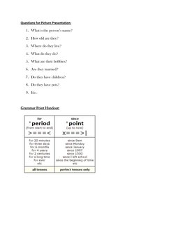 Questions for Picture Presentation: 
1. What is the person’s name? 
2. How old are they? 
3. Where do they live? 
4. What do