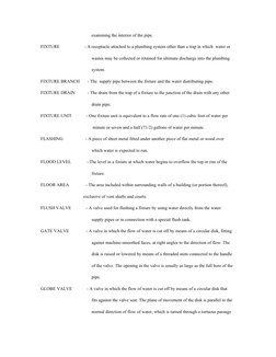 examining the interior of the pipe.
FIXTURE                      - A receptacle attached to a plumbing system other than a tr