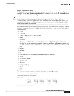Interface Commands
show interfaces
IR-367
Cisco IOS Interface Command Reference
 
Example with Accounting Option
To display