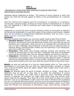 UNIT -1
LEADERSHIP
 “
  Management is doing things right, leadership is doing the right things”
 
 
(Warren Bennis and Peter