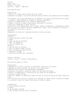 Varios:
Papel film
Piezas a utilizar
Función : Vapor - Vaporiera
Arrollado de atún
Preparación:
1.Batir las claras has