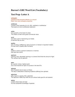 Barron’s GRE Word List (Vocabulary) 
Test Prep- Letter A
antiseptic
substance that prevents infection in a wound
Neem has man