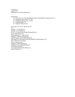 h=filter(b,a,x);
stem(n*T,h);
xlabel('time in seconds');ylabel('ha(t) ');
Specification:
38. Filter Type: Low Pass Digital(Bu