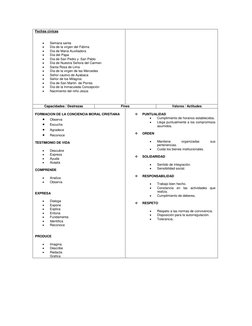 Fechas cívicas 
 
 
 
Semana santa  
 
Día de la virgen del Fátima 
 
Día de María Auxiliadora 
 
Día del Papa 
 
Día de