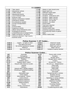 11 CODES 
11-10 
Take report 
11-60 
Attack in high hazard area 
11-24 
Abandoned vehicle 
11-65 
Signal light out 
11-25