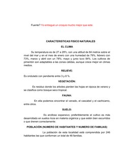 Fuente? Yo entregué un croquis mucho mejor que este.
CARACTERISTICAS FISICO NATURALES
EL CLIMA
Su temperatura es de 27 a 29ºc