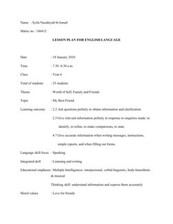 Name : Syifa Nazahiyah bt Ismail
Matric no : 106412
LESSON PLAN FOR ENGLISH LANGUAGE
Date
: 18 January 2010
Time
: 7.30 -8.30