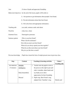 Aim
: To know friends and appreciate friendship.
Behavioral objectives : by the end of the lesson, pupils will be able to:
1)