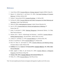 References:
1. Assael, Henry (2003), Consumer Behavior: A Strategic Approach, Houghton Mifflin College Div.
2. Bagozzi, R., G