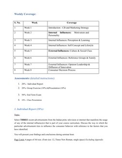 Weekly Coverage:
S. No.
Week
Coverage
1
Week 1
Introduction - CB and Marketing Strategy
2
Week 2
Internal     Influences: