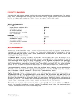Table 1. Summary Results
Expected Case
Annual return on investment (ROI)
#DIV/0!
Payback period (years)
3+
Net present value