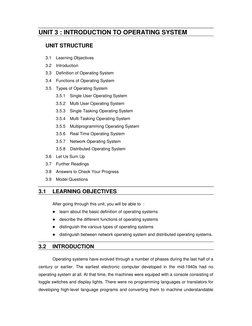 UNIT 3 : INTRODUCTION TO OPERATING SYSTEM 
 
UNIT STRUCTURE 
 
3.1 Learning Objectives 
 
3.2 Introduction 
 
3.3 Definition