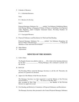 Barangay Regular Session Minutes Sample | PDF | Local Ordinance | Gambling