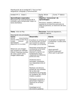 Planificación de la Unidad N°2 “Vivir en Paz”
Asignatura: Lenguaje y Comunicación.
Unidad: N° 2.   Clase 1
Fecha: 06 de 
mayo