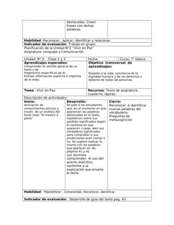 destacadas. Crean 
frases con dichas 
palabras.
Habilidad: Reconocer,  aplicar, identificar y relacionar. 
Indicador de evalu