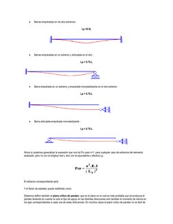  
Barras empotradas en los dos extremos : 
Lp =0.5L 
 
 
Barras empotradas en un extremo y articulada en el otro : 
Lp = 0.