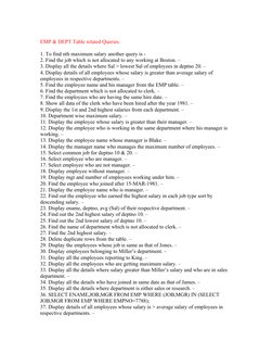 EMP & DEPT Table related Queries.
1. To find nth maximum salary another query is -
2. Find the job which is not allocated to