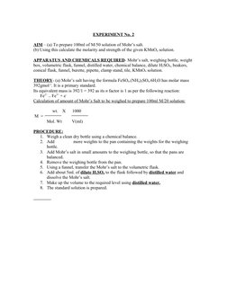 EXPERIMENT No. 2
AIM – (a) To prepare 100ml of M/50 solution of Mohr’s salt. 
(b) Using this calculate the molarity and stren