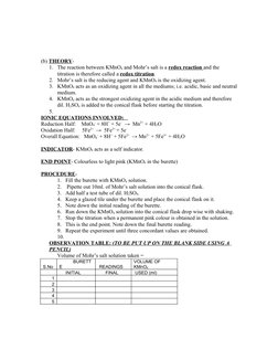 (b) THEORY- 
1. The reaction between KMnO4 and Mohr’s salt is a redox reaction and the 
titration is therefore called a redox