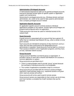 Sample policy from AAA Technical Writing: Account Management Policy (Version 1) 
Page 2 of 4  
Administration (Privileged) Ac