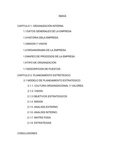 INDICE
CAPITULO 1: ORGANIZACIÓN INTERNA
1.1DATOS GENERALES DE LA EMPRESA
1.2HISTORIA DELA EMPRESA
1.3MISION Y VISION
1.4ORGAN