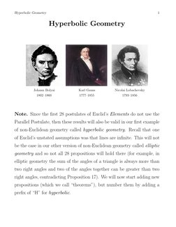 Hyperbolic Geometry
1
Hyperbolic Geometry
Johann Bolyai
Karl Gauss
Nicolai Lobachevsky
1802–1860
1777–1855
1793–1856
Note. Si