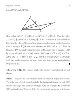 Hyperbolic Geometry
5
into ∠CAF and ∠FAD.
Now either ∠CAF ≤1
2∠CAD or ∠FAD ≤1
2∠CAD. That is, either
∠CAF ≤1
22∠BAC or ∠FAD ≤