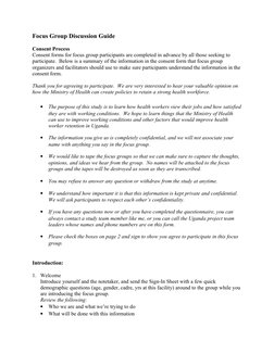 Focus Group Discussion Guide
Consent Process
Consent forms for focus group participants are completed in advance by all those