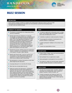 1/1
BUZZ SESSION
DÉFINITION
A buzz session consists in dividing an audience into small groups to discuss an issue or carry ou