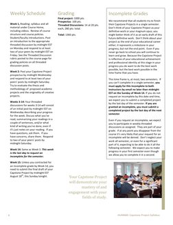 HUM680:	  Capstone	  Project	  Syllabus	  
4	  
1
Weekly	  Schedule	  
Week	  1,	  Reading:	  syllabus	  and	  al