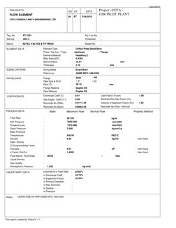 Data sheet for
FLOW ELEMENT
TATA CONSULTANCY ENGINEERING LTD
NO
BY
DATE
Project : 6527A –
GSR PILOT  PLANT
00
AT
5/26/2013
Ta