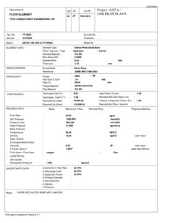 Data sheet for
FLOW ELEMENT
TATA CONSULTANCY ENGINEERING LTD
NO
BY
DATE
Project : 6527A –
GSR PILOT PLANT:
00
AT
5/26/2013
Ta