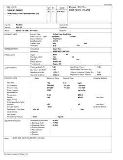 Data sheet for
FLOW ELEMENT
TATA CONSULTANCY ENGINEERING LTD
NO
BY
DATE
Project : 6527A –
GSR PILOT  PLANT
00
AT
5/26/2013
Ta