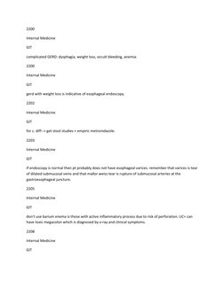 2200 
Internal Medicine 
GIT 
complicated GERD: dysphagia, weight loss, occult bleeding, anemia. 
2200 
Internal Medicine 
GI