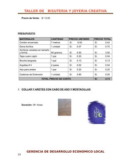 TALLER DE   BISUTERIA Y JOYERIA CREATIVA
Precio de Venta:   S/ 12.00
PRESUPUESTO
MATERIALES
CANTIDAD
PRECIO UNITARIO
PRECIO T