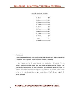 TALLER DE   BISUTERIA Y JOYERIA CREATIVA
Tabla de grosor de Alambre
•
Fornituras:
Existen calidades distintas entre las forni
