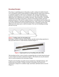 Broaching Principles  
Broaching is a machining process that pushes or pulls a cutting tool (called a broach) 
over or thro