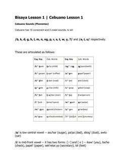 Bisaya Lesson 1 | Cebuano Lesson 1 
Cebuano Sounds (Phonemes) 
Cebuano has 16 consonant and 3 vowel sounds, to wit: 
 
/b, k,