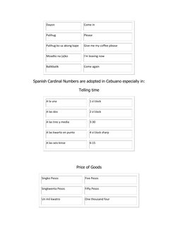 Dayon 
Come in 
Palihug 
Please 
Palihug ko sa akong kape 
Give me my coffee please 
Moadto na (a)ko 
I'm leaving now 
Balikb