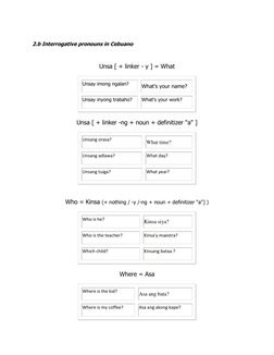 2.b Interrogative pronouns in Cebuano  
 
Unsa [ + linker - y ] = What 
Unsay imong ngalan? 
What's your name? 
Unsay inyon