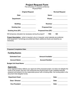 Project Request Form
The University of Louisiana at Monroe
Physical Plant
Original Request
Revised Request
Date:
     
Name: