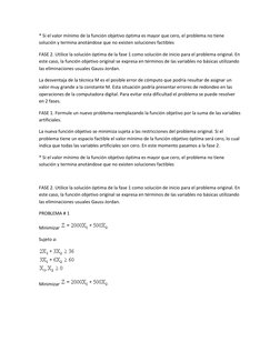 * Si el valor mínimo de la función objetivo óptima es mayor que cero, el problema no tiene 
solución y termina anotándose que
