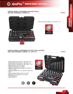 9-A
JUEGO DE DADOS Y ACCESORIOS
• 13mm Fits-All Go-Thru Dados: 4.5 - 13mm (3/16” - 1/2”)
T45970
T45973
JUEGO DE DADOS Y ACCES
