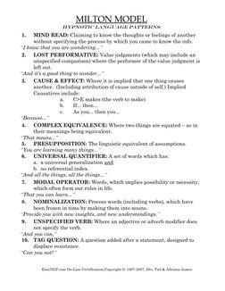 MILTON MODEL
HYPNOTIC LANGUAGE PATTERNS
1.
MIND READ: Claiming to know the thoughts or feelings of another 
without specifyin