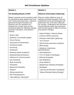 NLP Practitioner Syllabus 
Module 1 
The Building Blocks of NLP  
Master essential communications skills 
for developing deep