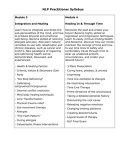 NLP Practitioner Syllabus 
Module 3 
Integration and Healing   
Learn how to integrate and direct the 
sub-personalities of t