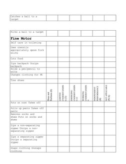 Catches a ball to a
target
Kicks a ball to a target
Fine Motor
Self care in toileting
Uses utensils
appropriately spoon fork