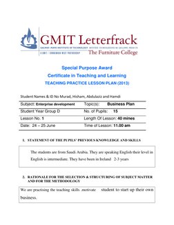 Special Purpose Award  
Certificate in Teaching and Learning 
TEACHING PRACTICE LESSON PLAN (2013) 
 
Student Names & I