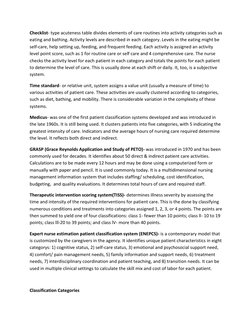 Checklist- type acuteness table divides elements of care routines into activity categories such as 
eating and bathing. Activ